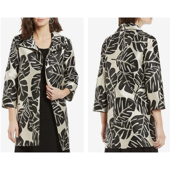 Caroline Rose Size L Palm Paradise Jacquard Jacket Black Ivory Polyester Silk - Picture 1 of 11
